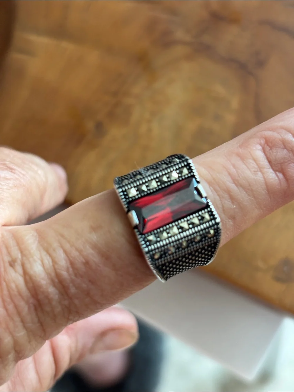Men's Silver Ring with Rectangular Garnet and marchasite details sz 9
